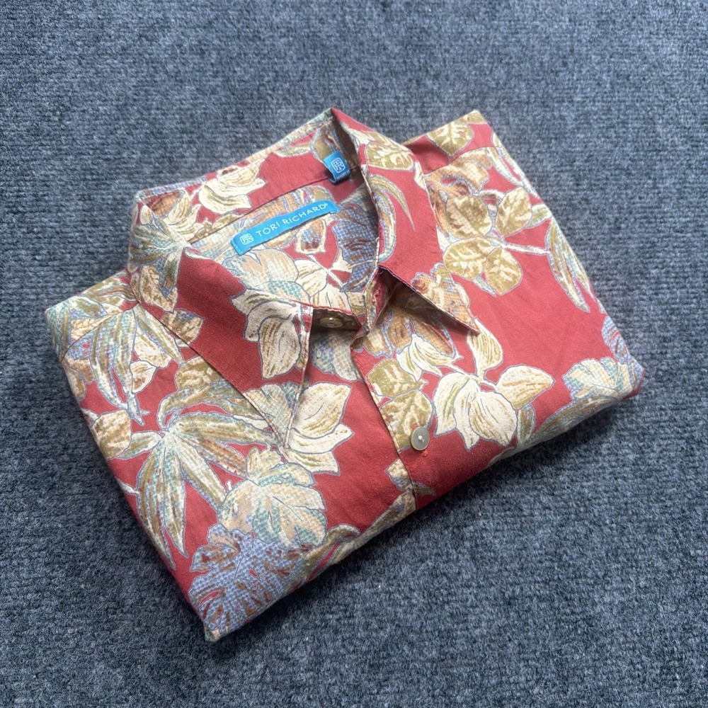 TORI RICHARD Men's Hawaiian Camp Shirt Sz L Red Tropical Floral Print Made USA